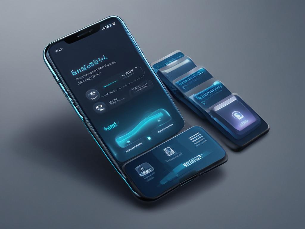 futuristic smart device payment interface, dark navy background, neon aqua