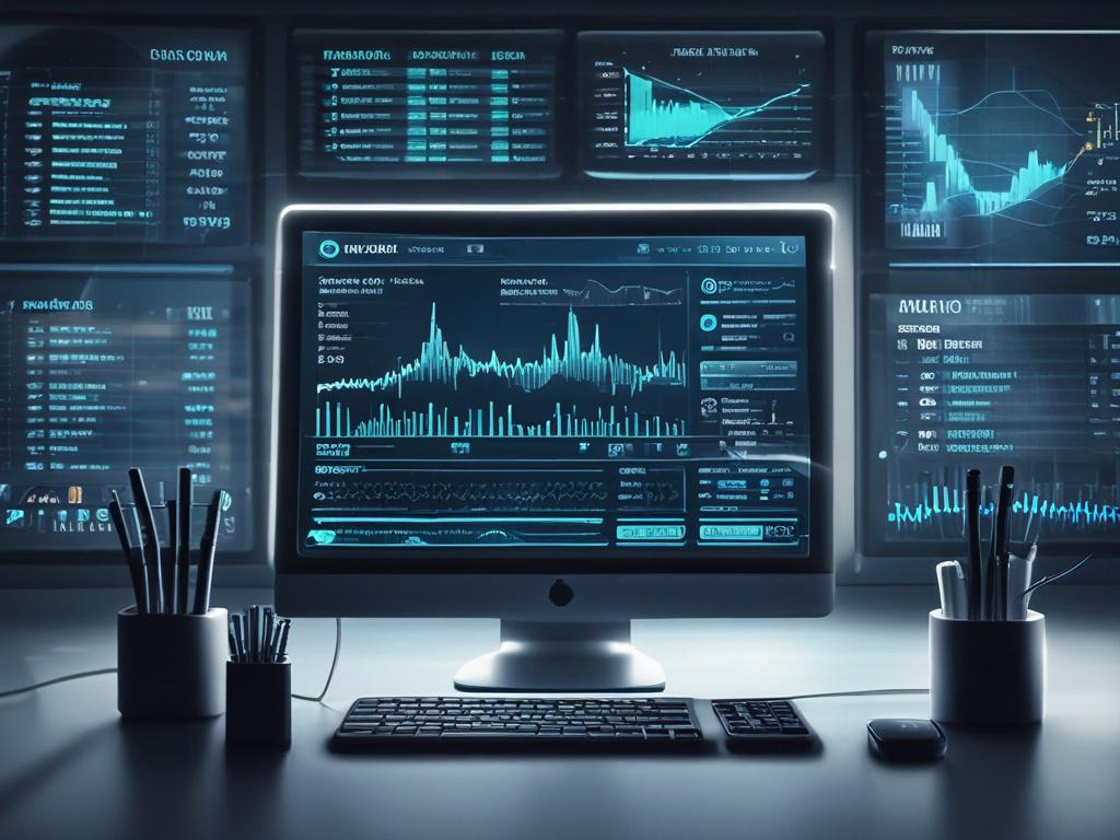 futuristic AI Bitcoin trading interface, dark navy background, neon aqua